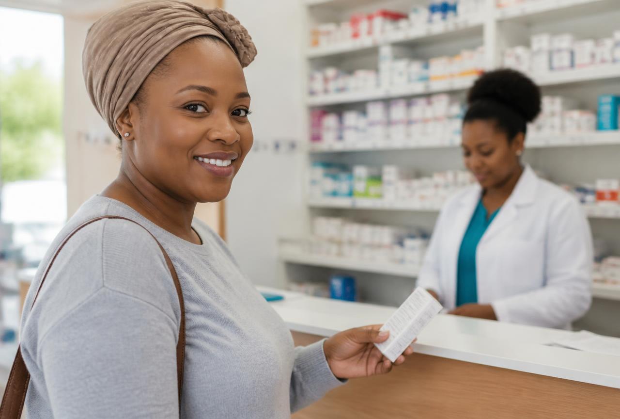 Woman collecting prescription medicine at a South African pharmacy counter