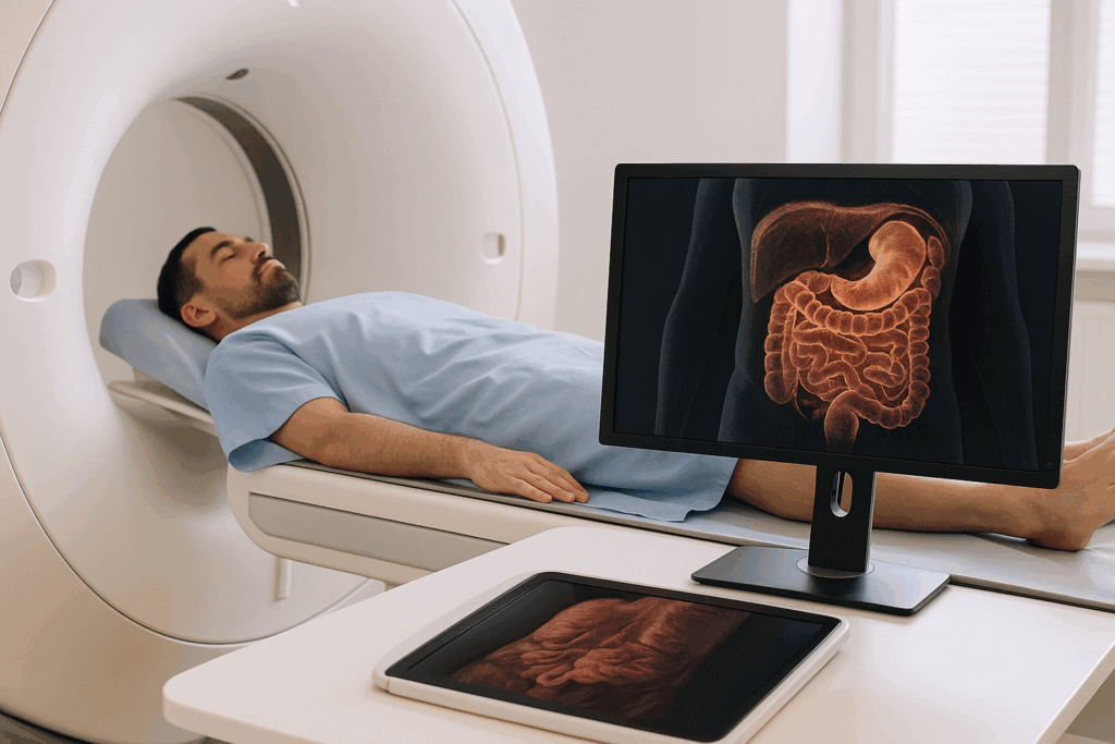 Landscape image of a patient lying on a medical scan table with a monitor displaying a detailed scan of the gut in a modern diagnostic room.