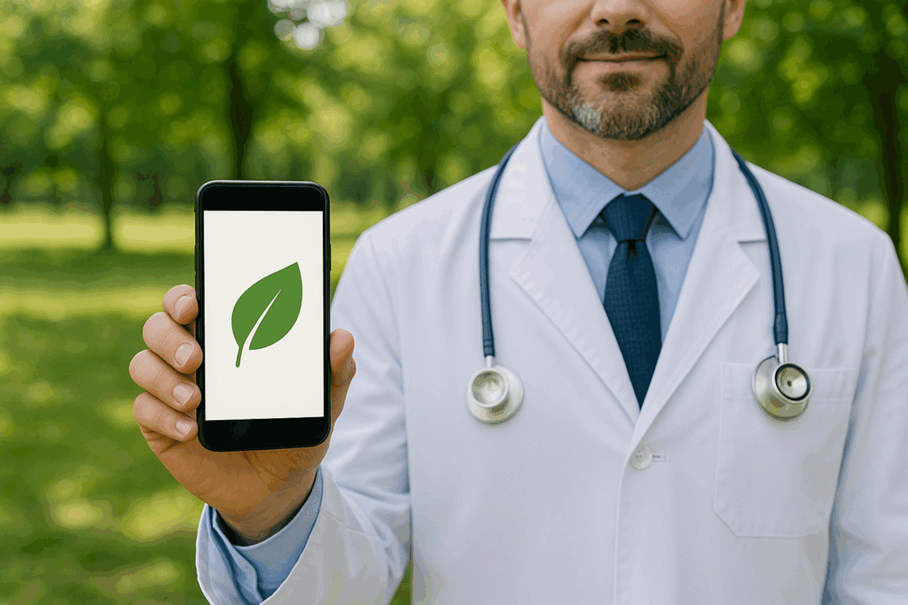 Landscape image of a doctor in a white coat standing outdoors in a green park, holding a mobile phone with the screen not visible, symbolising sustainable healthcare and green medicine.
